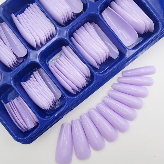 100Pcs Long Coffin Acrylic Nail Tips in Baby Purple, XL Ballerina Shape False Nails with Case, Full Cover DIY Manicure Artificial Nails for Women Girls