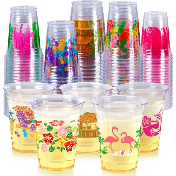 100Pcs Luau Cups for Hawaiian Party Decorations, Tropical Clear Plastic Disposable Tiki Aloha Hibiscus Flamingo Drink Cups for Pineapple Birthday Pool Party Bachelorette Party Supplies, 12oz