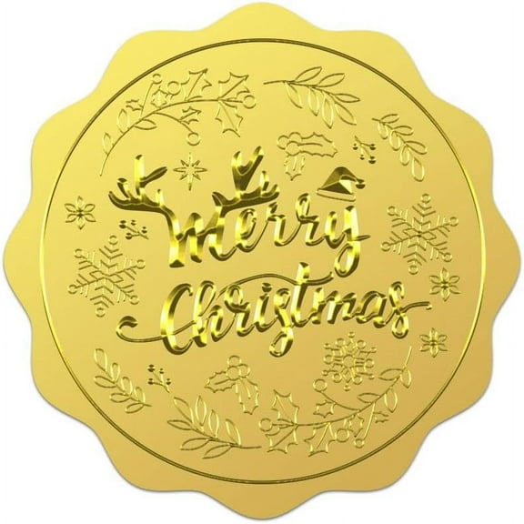 100Pcs Merry Christmas Gold Foil Stickers 2 Inch Mistletoe Snowflake Self Adhesive Seals Round Labels for Invitation Card Envelopes Gold Foil Embossed Stickers for Christmas Wrapping Golden