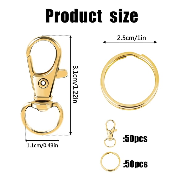 100Pcs Metal Lobster Claw Clasp with Key Rings, Swivel Snap Hooks, 50PCS Keychains Clips Hooks and 50PCS Key Chain Rings, Keychain Accessories, Keychain Rings Making Kit for Crafts, Gold