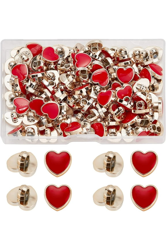 100Pcs Metal Shank Buttons Heart Shaped Buckle 12Mm Plastic Button Accessories with Enamel for Shoe Charms Women Dress Suits Blazer Jacket Uniform (Red) DIY