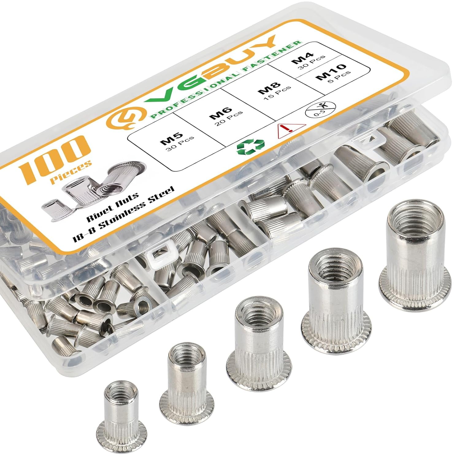 100Pcs Metric Rivet Nut Kit, Rivet Nuts Assortment M4 M5 M6 M8 M10, 304 ...