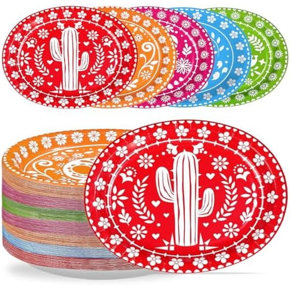 100Pcs Mexican Fiesta Oval Paper Plates 10" x 12" Large Disposable Heavy Duty Cinco De Mayo Party Plates Mexican Papel Picado Dessert Platters for Birthday Festive Holiday Party Supplies Decor