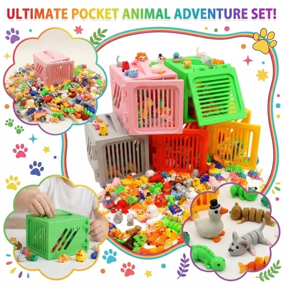 100Pcs Mini Animals Figurines Set, 3D Printed Mini Animal Tiny Things Flexible Fidget Toy, 3D Printed Cute Animal Home, Executive Desk for Christmas Decoration, Tiny Animals Figurines Exquisite