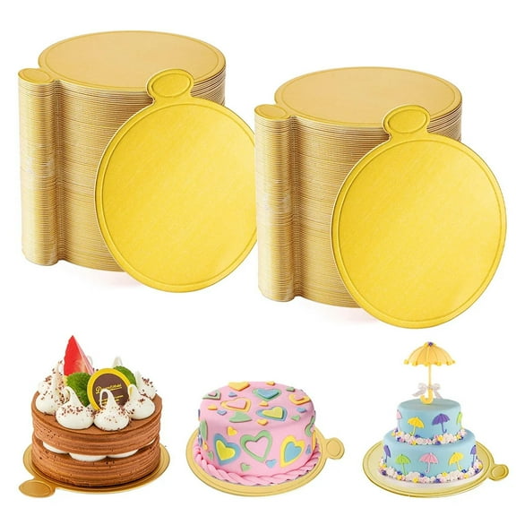 100Pcs Mini Dessert Plates Cake Boards, Cake Bases,Cake Plates,Cardboard Cake Rounds Triangle Rectangular, Golden Paper