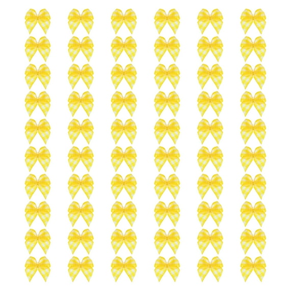 100Pcs Mini Gingham Ribbon Bow 1" Checkered Fabric Satin Ribbon Bows for Craft DIY Hair Bow Sewing Yellow and White