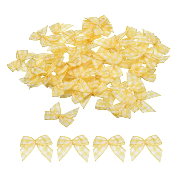 Uxcell 100Pcs Mini Gingham Ribbon Bow 1" Checkered Fabric Satin Ribbon Bows for Craft DIY Yellow and White