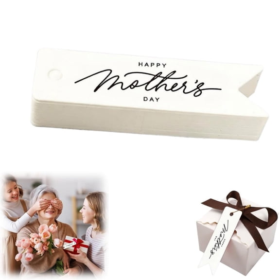 100Pcs Mini Happy Mother's Day Paper Tags White Cursive Font Gift Tags, Pre-Punched Hole Thank You Label Tags for Mom Gifts, Gift Bags & Holiday Wrapping Decoration 2.76 Inch