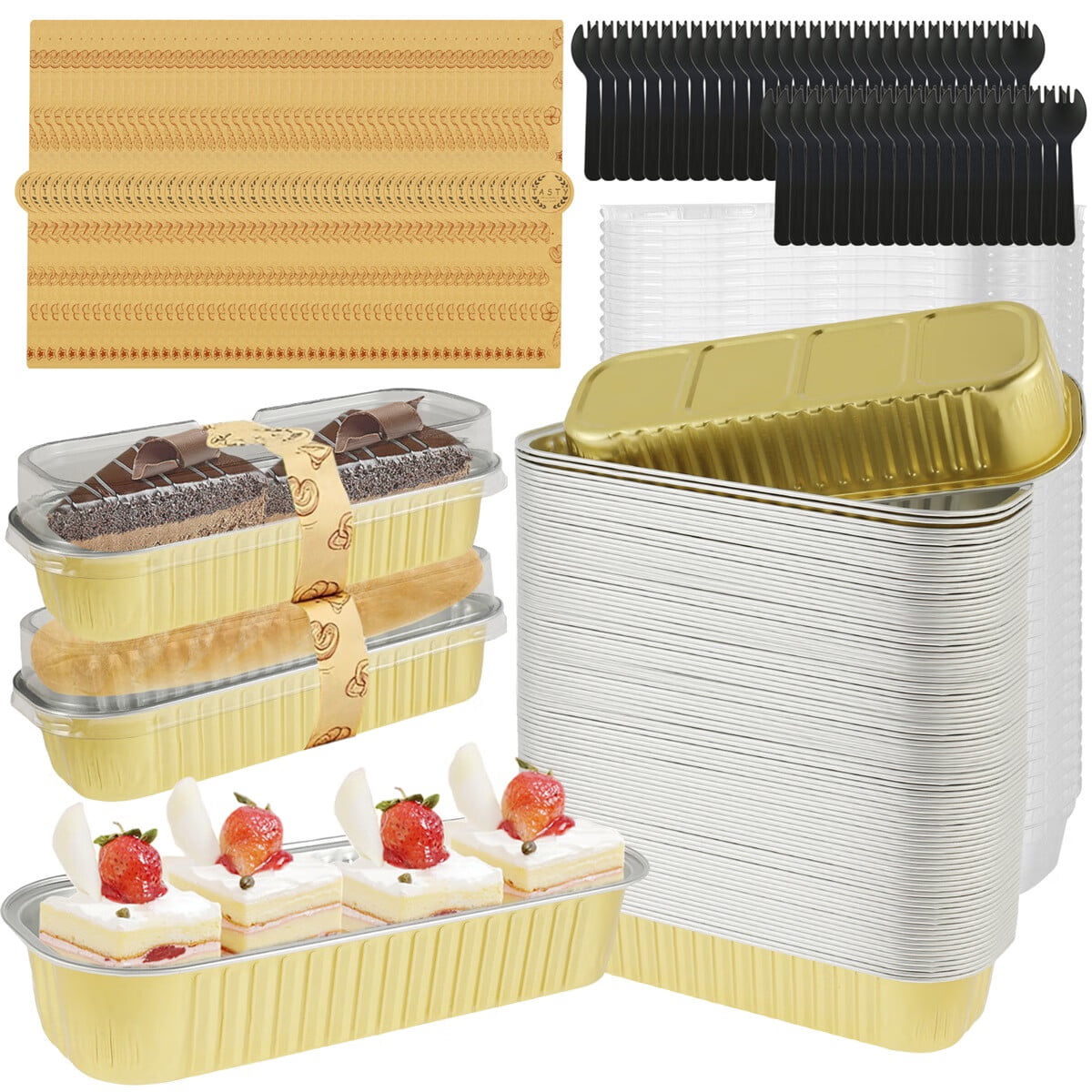 50Pcs Mini Cake Pans with Lids and Spoons Aluminum Foil Baking Pans Mini  Bread Containers Muffin Tins Loaf Pans Kitchen Tools