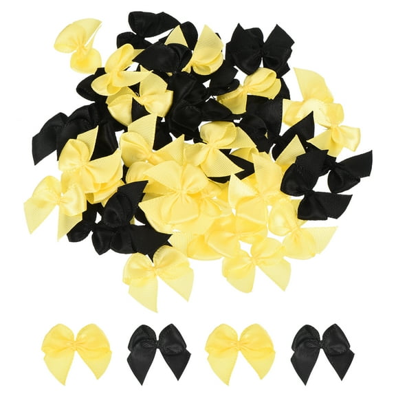 100Pcs Mini Ribbon Bow 1" Mini Fabric Satin Ribbon Flower Bows for Craft DIY Sewing Wedding Birthday Party Black & Yellow