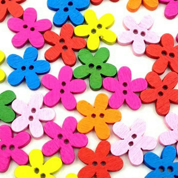 100Pcs Mixed Color Flower 2 Holes Wooden Buttons