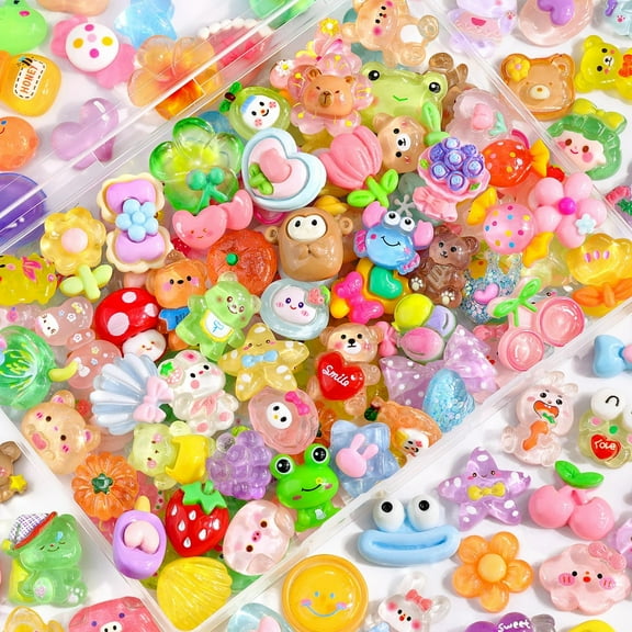 100Pcs Mixed Colors Slime Charms Assorted Cute Jelly Embellishments, Random Bulk Flatback Resin Ornament Bear Star Kawaii Slime Accessories for Phone Junk Case, Scrapbooking Crafting & DIY Decor