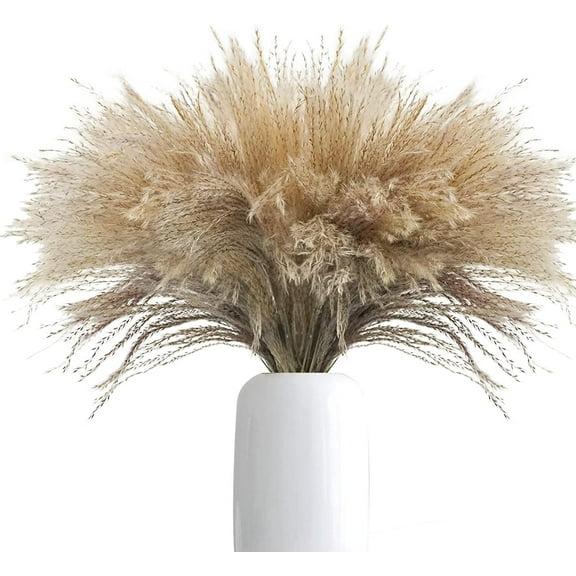 100Pcs Natural Dried Pampas Grass Plume 17inch Tall Dried Flowers Large Faux Reed Artificial Plants for Wedding Flower Arrangements Farmhouse Wreath Door Centerpiece Home Décor Brown