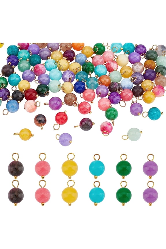 100Pcs Natural Jade Gemstone Charms Round Stone Pendants with Golden Tone Brass Loops 13x7.5mm Quartz Gemstone Charms for Necklace Jewelry Making Hole: 3.3mm for DIY