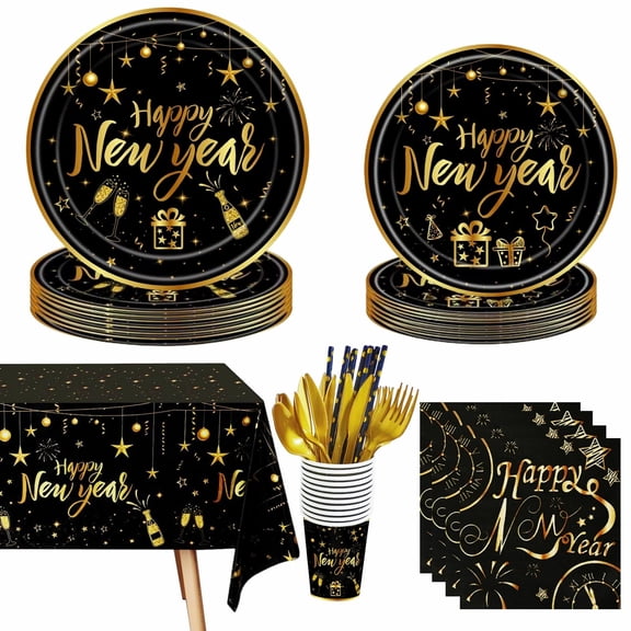 100Pcs New Years Eve Party Supplies Disposable Dinnerware,Happy New Year Plate, Cup, Napkin,Tablecloth for 2026 New Year Eve Dinner Supplies, Serves 12 Guests VT1