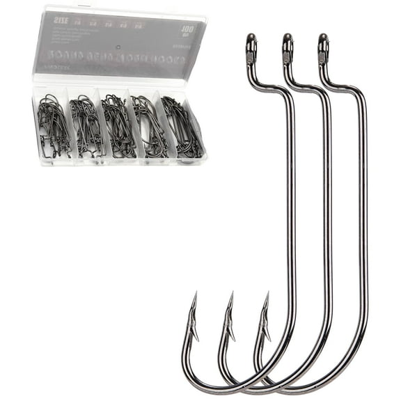 100Pcs Offset Worm Hooks Kit, Round Bend Bass Fishing Hooks for Texas Carolina Rigging 5 Sizes Assorted 1/0 2/0 3/0 4/0 5/0
