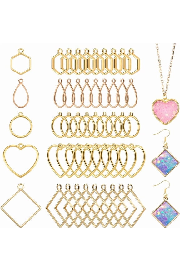 100Pcs Open Bezels 5 Styles Metal Hollow Frame Pendants Golden Bezel Connector Charms Geometric Open Back Frame Pendant for DIY Resin Pressed Flower Crafts Jewelry Making