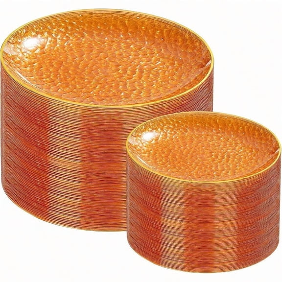 100Pcs Orange Plastic Plates Orange Disposable Plates With Gold Rim Hammered Plastic Plates Include 50 Dert Platos 50 Dinner Platos for Party