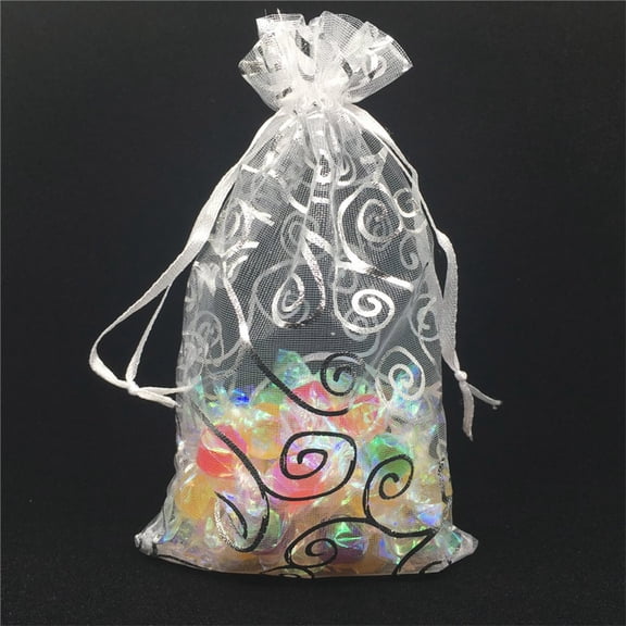 100Pcs Organza Drawstring Gift Bags White, Transparent Organza With Metallic Swirl Patterns Drawstring Closure, For Wedding Favors Party Supplies Jewelry Packaging Small Gifts