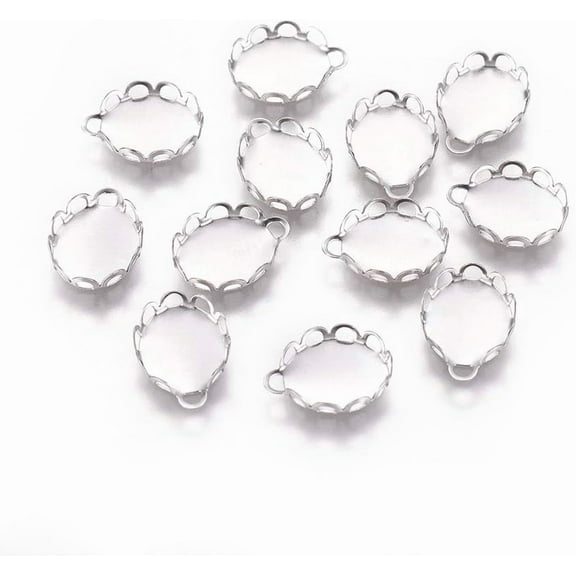 100Pcs Oval 316 Surgical Stainless Steel Lace Edge Bezel Cups Cabochon Settings Blank Bezel Pendant Trays Cabochon Blanks Pendants for Wedding Bouquet Jewelry Making 11.5x8.5x2.5mm