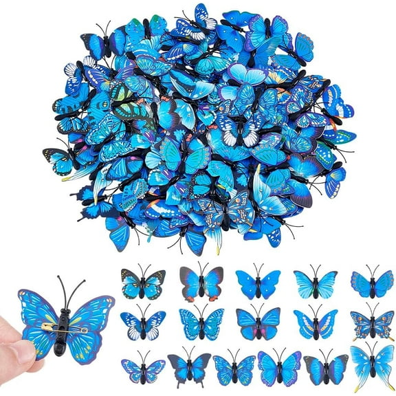 100Pcs PVC Artificial Butterfly Decorations Reusable Royal Blue Butterflies Decor with Metal Safety Pins for Dining Table Office Home Wall Ornaments
