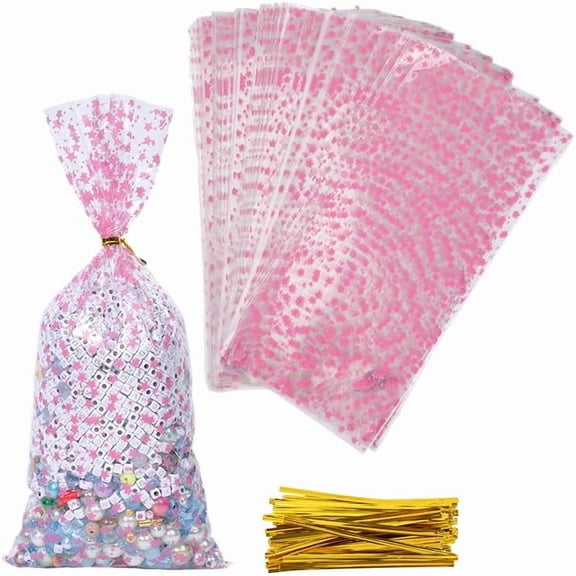 100Pcs Packaging Bags 27x12.4x0.01cm Pink Star Printed Plastic Rectangle Bags with Gold Twist Ties Gift Wrapping Supplies for Party Wedding Household Office for DIY