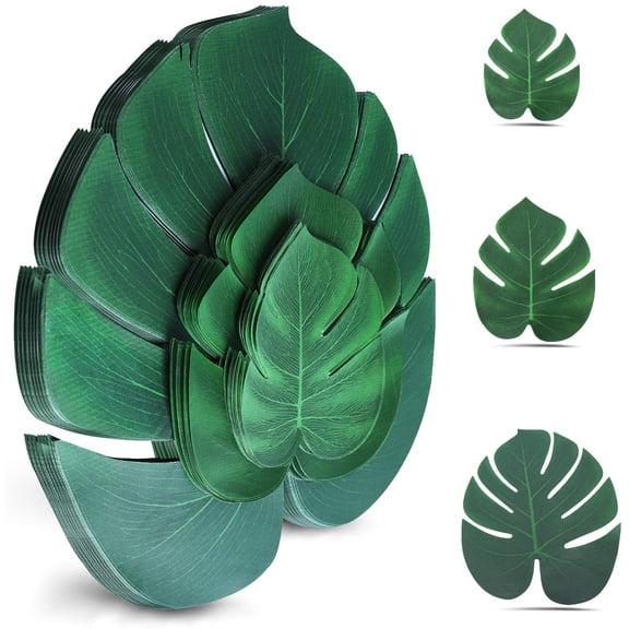 100Pcs Palm Leaves Artificial Tropical Monstera Plant Fake Leaves Safari Birthday Decorations,Jungle Theme Party Supplies