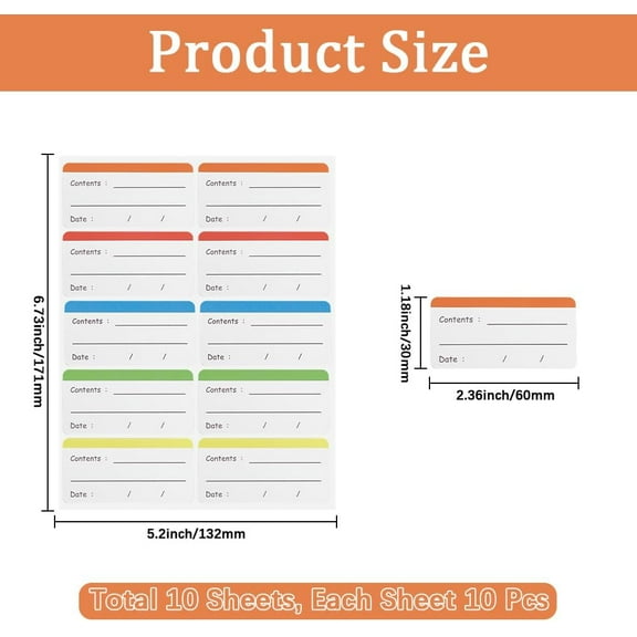 100Pcs Paper Adhesive Label Stickers Waterproof Label Decals with Black Word for Food Storage Colorful 171x132x0.3mm