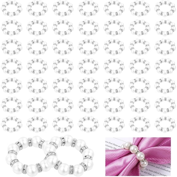 100Pcs Pearl Napkin Rings, Round Napkin Ring Holder, Elegant Serviette Napkin Rings Bulk, Imitation Beaded Ring for Formal Wedding Home Anniversary Birthday Dinner(Sliver)