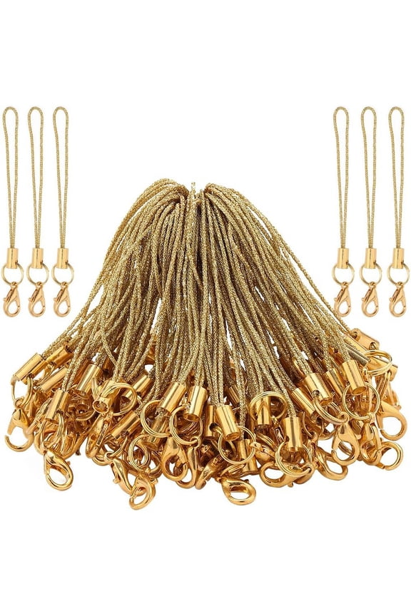 100Pcs Phone Keychain Strap Gold Split Ring Cords Hand Wrist Straps Polyester Cellphone Charms Lanyard String for Hanging Mobile Phone Lariat USB Drive DIY Decorations Supplies