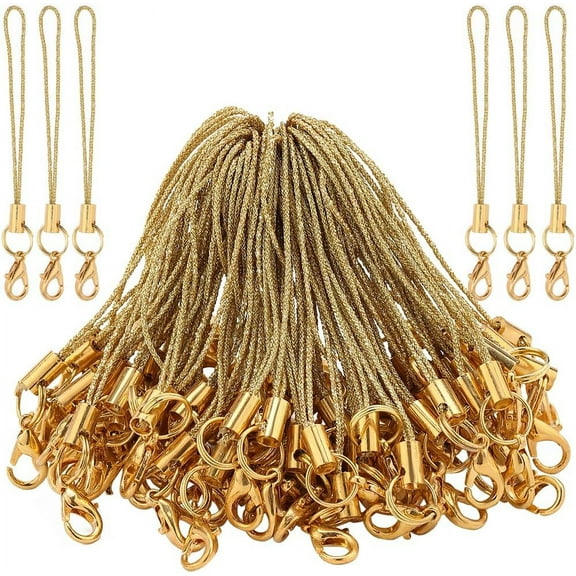 100Pcs Phone Keychain Strap Gold Split Ring Cords Hand Wrist Straps Polyester Cellphone Charms Lanyard String for Hanging Mobile Phone Lariat USB Drive DIY Decorations Supplies for DIY