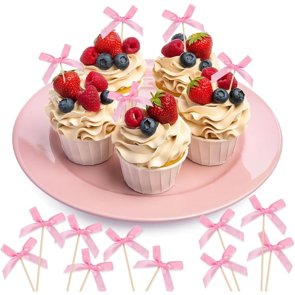 100Pcs Pink Bow Cupcake Toppers - 4.7" Cute Bow Cocktail Picks for Party, Fancy Cocktail Toothpicks for Appetizers, Coquette Birthday Bachelorette Party Decorations Baby Shower Bridal Shower Decor