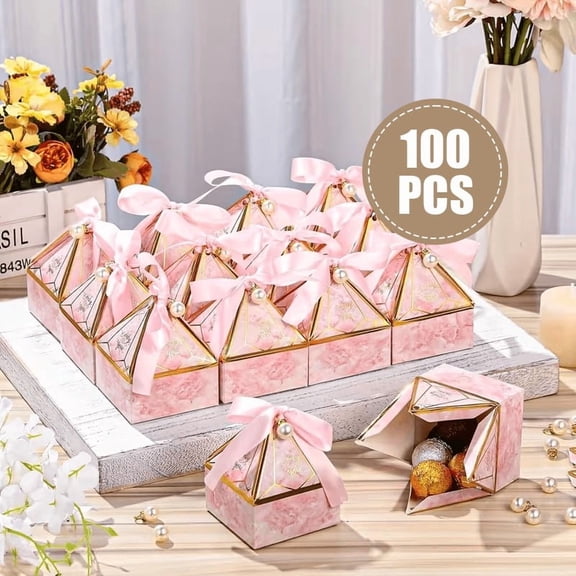 100Pcs Pink Gift Boxes with Ribbon and Pearl Decor Small Favor Boxes Diamond Tower Candy Boxes 2.76 x 3.15 Inch Party Favor Packaging for Wedding Celebration Gifts