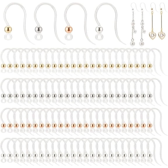 100Pcs Plastic Clear Earring Hooks Non-Allergenic Ear Wire 4 Colors 304 Stainless Steel Ball Beads Earring Findings Hooks for DIY Jewelry Making Dangle Earring Sensitive Ears Camel