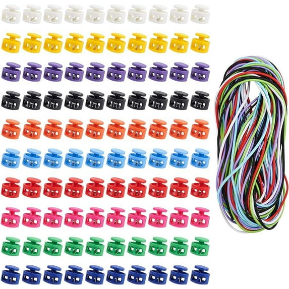 100Pcs Plastic Cord Locks with 59 Ft Elastic Cord Spring Fastener Slider Toggle Stopper Buttons for Drawstrings Bags Paracord Shoelaces Hats Clothing- 10 Colors