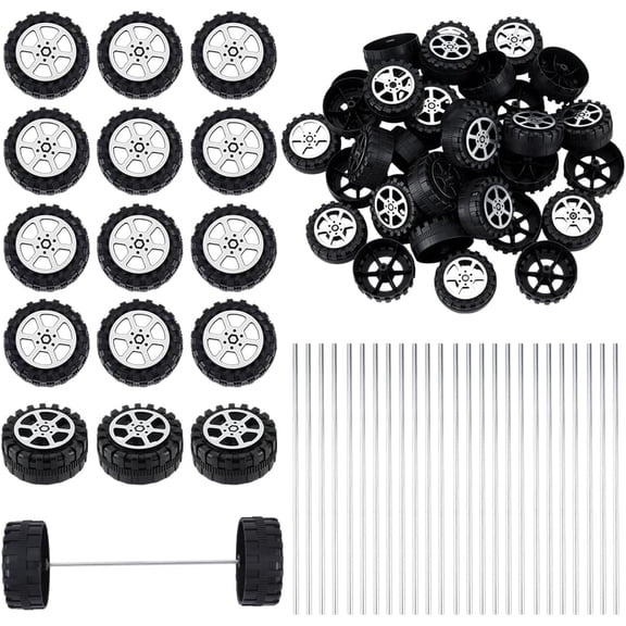 100Pcs Plastic Project Wheels 1.5x0.2 Inch Shaft Round Rod Axles 2mm Dia STEM Shaft Plastic Wheels and Steel Axles