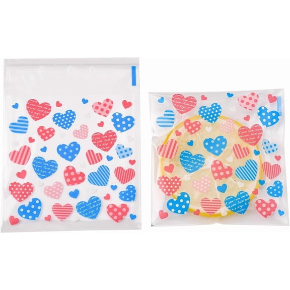 100Pcs Plastic Rectangle OPP Bags 10"x13" Self Sealing Treat Bags with Heart Pattern for Packaging Favors Products Colorful