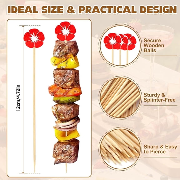 100Pcs Plum Flower Cocktail Picks Decorative Floral Fruit Toothpicks Wooden Appetizer Skewers For Wedding Dessert Table Party Kitchen(Red-12Cm)