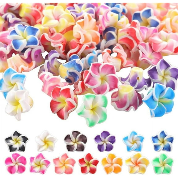 100Pcs Plumeria Beads Polymer Clay Flower Beads Bulk Handmade Hawaiian Plumerias Flowers 12x8mm Flat Back Floral Charms Summer Colorful 3D Loose Spacer Beads for Jewelry Making Beading Kit
