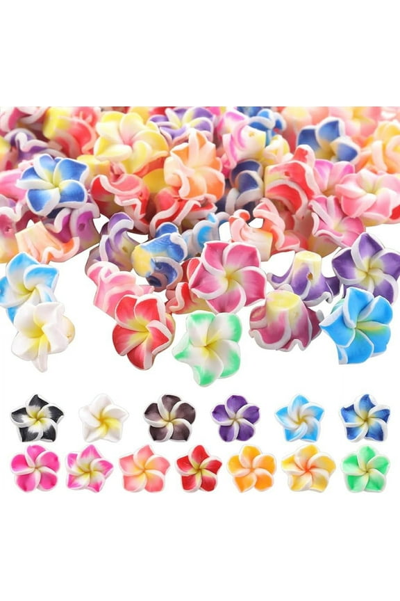 100Pcs Plumeria Beads Polymer Clay Flower Beads Bulk Handmade Hawaiian Plumerias Flowers 12x8mm Flat Back Floral Charms Summer Colorful 3D Loose Spacer Beads for Jewelry Making Beading Kit