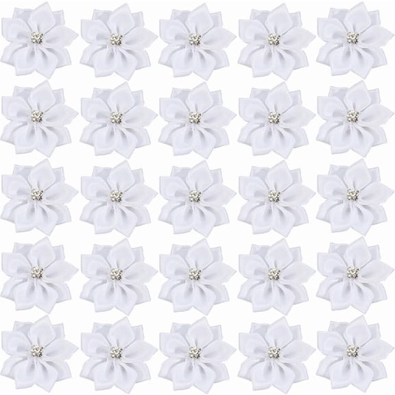 100Pcs Polyester Rhinestone Flower for Ornament Appliques DIY Wedding White 28x28x8mm for DIY