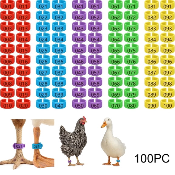 100Pcs Poultry Leg Bands 001100 Numbered Colorful Chicken Goose Identification Rings Adjustable SnapOn Livestock Tags for Farm Backyard Poultry Management Red
