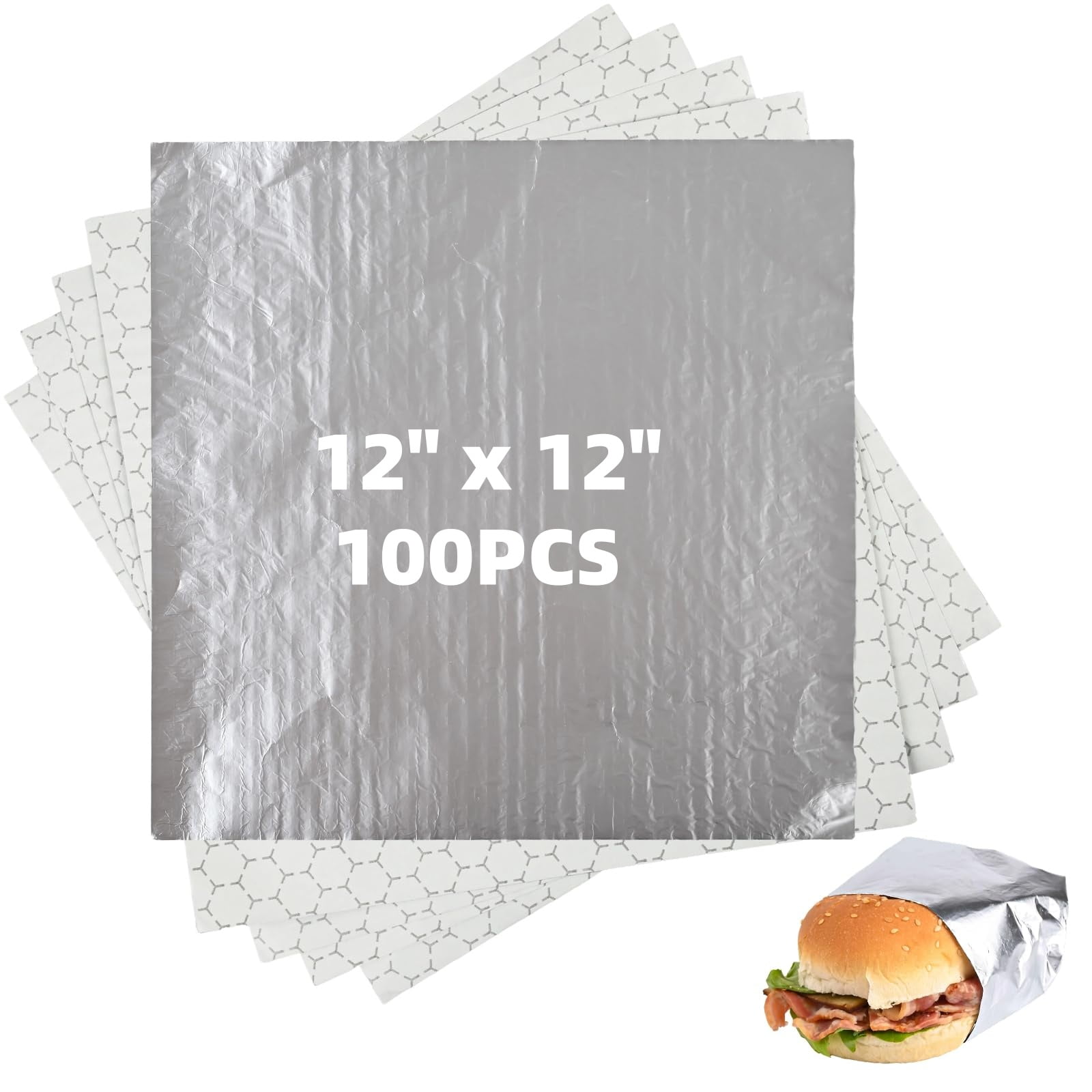 100Pcs Premium Insulated Foil Sandwich Wrap Sheets, 12"x12" Pre-Cut Foil Paper for Hot Dogs, Burgers, Burritos, Food Wrapping (Silver)