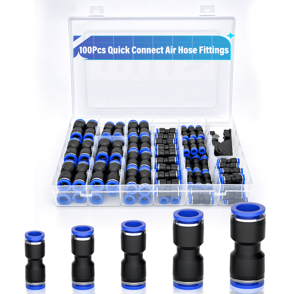 100Pcs Quick Connect Air Hose Fittings 1/8" 1/4" 5/16" 3/8" 1/2", Straight Push Metric Connectors Quick Release Plastic Pneumatic Air Line Fittings for Truck Automotive