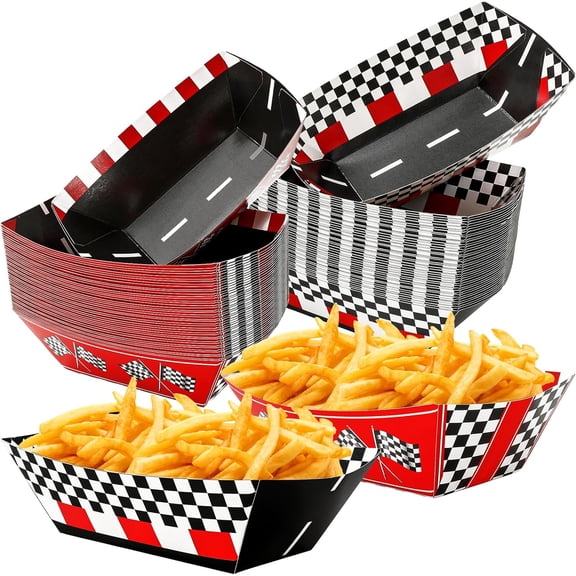 100Pcs Racing Car Paper Food Tray Disposable Checkered Paper Food Boat Nacho Trays Black Red Flag Serving Tray Bowl Holder for Birthday Baby Shower Party Snack Supplies