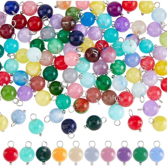 100Pcs Random Color Natural Round Gemstone Charms Faceted Round Chakra Charms with Platinum Loops Crystal Stone Pendants for DIY Bracelet Necklace Jewelry Findings