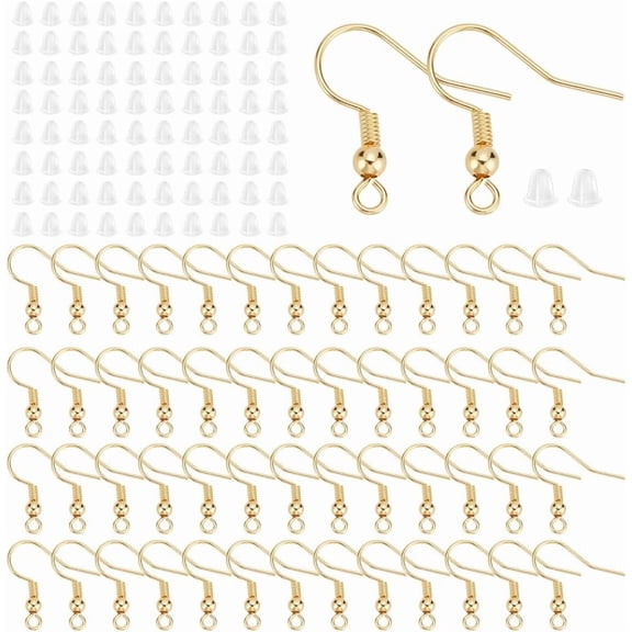 About 100Pcs Real 18K Gold Plated Earring Hooks Stainless Steel Ear Wire with Loops Earwire Hooks Fish Hooks Flat Earring Hooks with Coil for DIY Jewelry Making