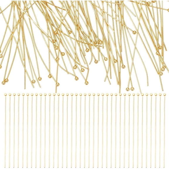 100Pcs Real 24K Gold Plated Ball Head Pins 50mm Stainless Steel Bendable Head Pin Metal Eye Pins Findings End Headpins Findings for Craft Jewelry Making Gold
