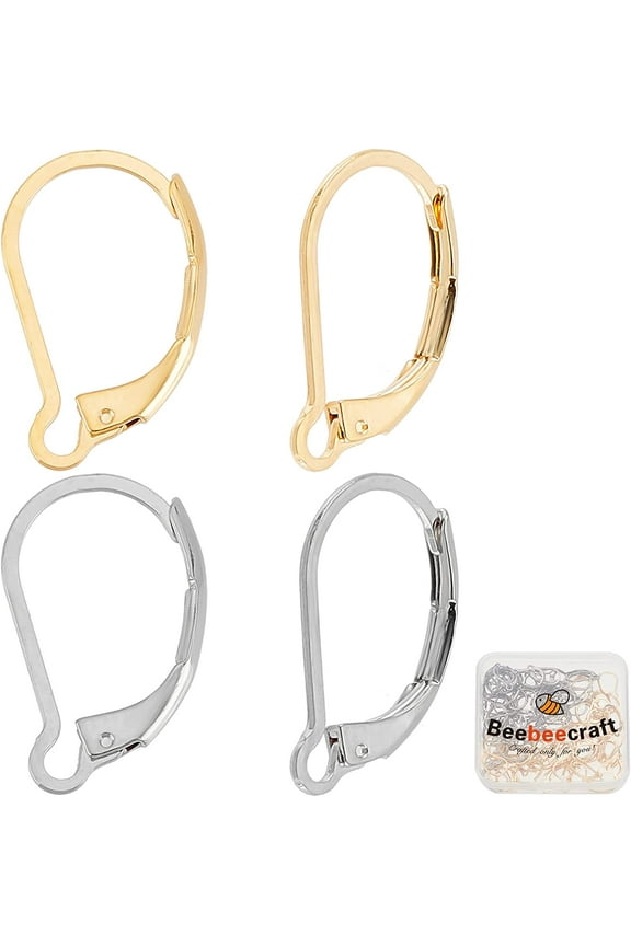 100Pcs Real 24K Gold Plated Leverback Earwires French Earring Hooks Silver and Gold 16.5x10mm Interchangeable Dangle Ear Wire Findings Stainless Steel for Jewelry Making