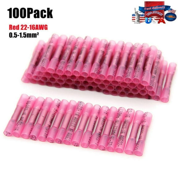 100Pcs Red Heat Shrink Butt Wire Connectors Crimp Terminals AWG 22-16 Gauge